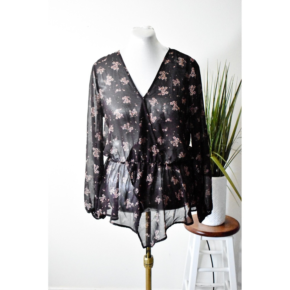 1.STATE Blouse Women Large Black Floral Contemporary Sheer Peplum Wrap Top